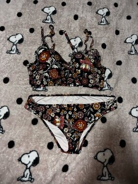 Shade & Shore Black Floral Bikini with Rust and Cream Accents